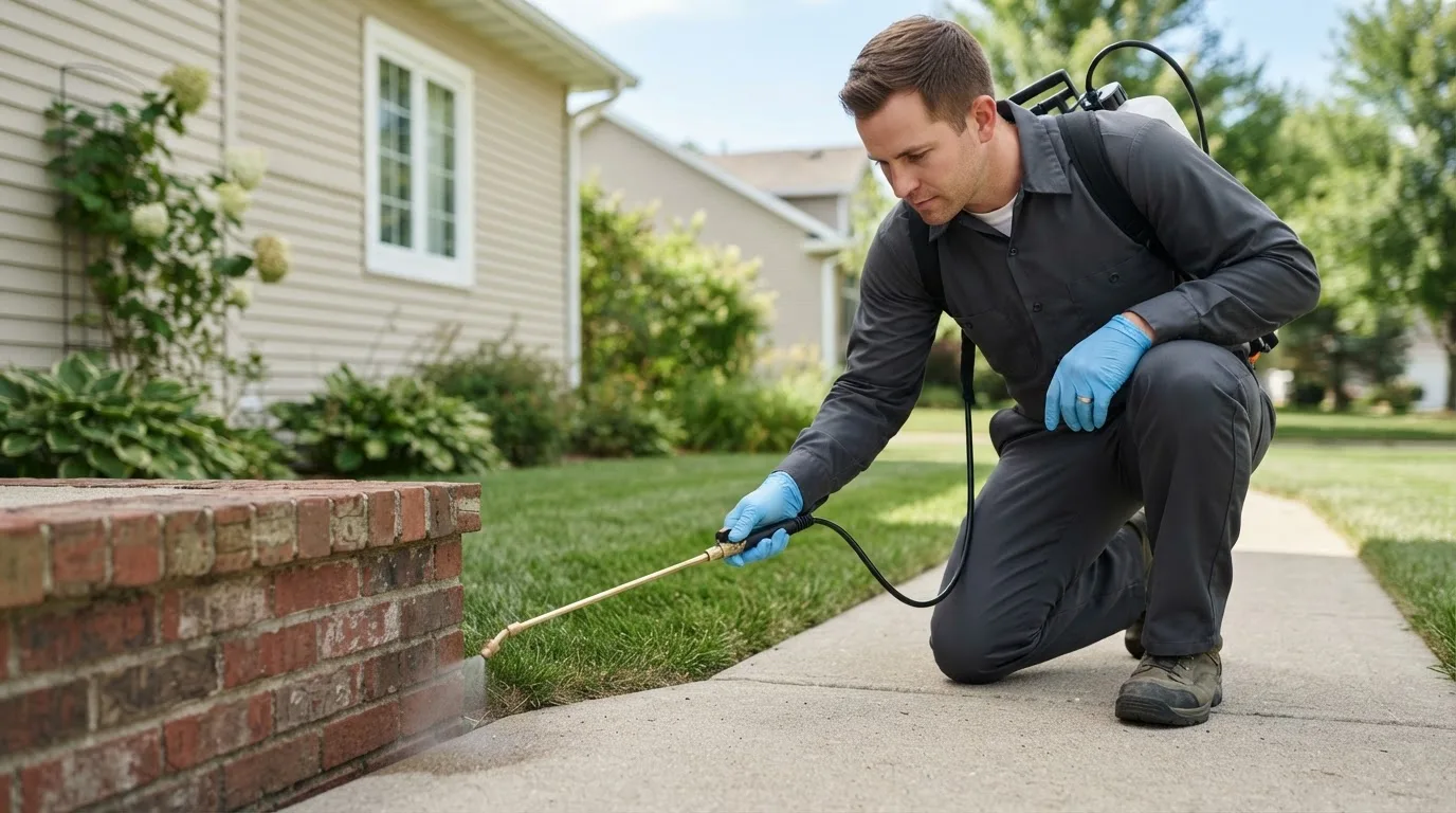 Pest control technician treating a home near Adams, NY